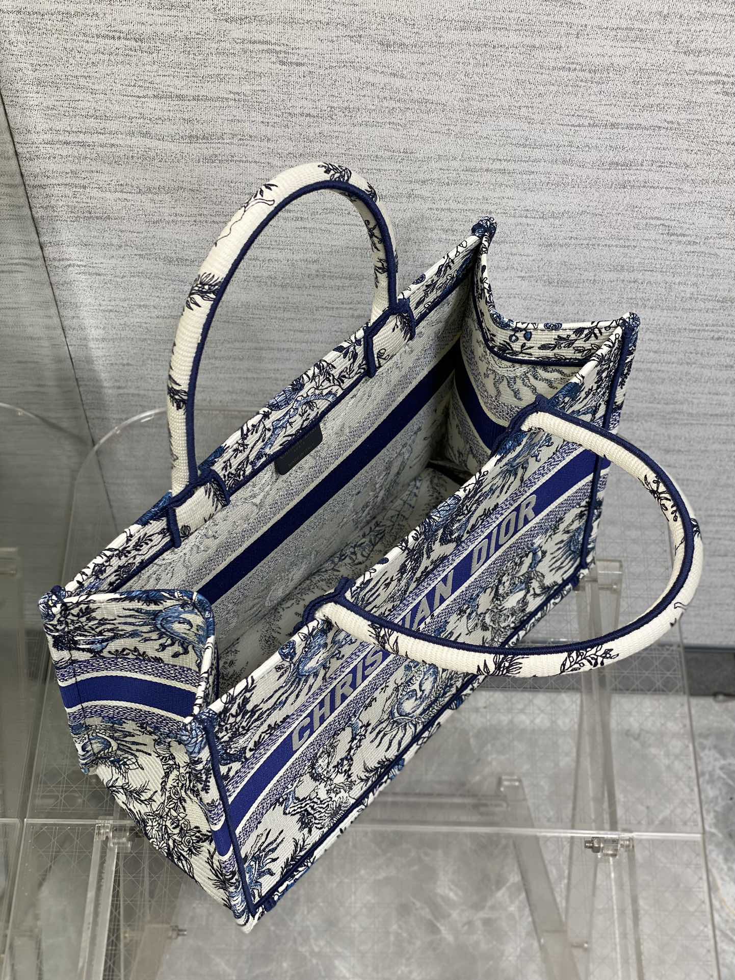 Medium Dior Book Tote Bag White and Navy Blue Toile de Jouy Soleil Embroidery